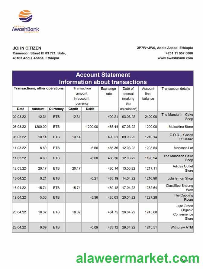 Ethiopia Awash Bank statement xls
